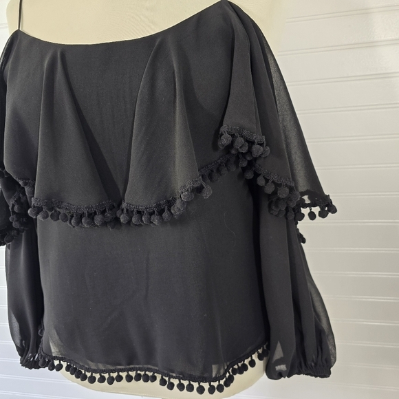 Misa Los Angeles Elisa Cold Shoulder Long Sleeve Pom Pom Top Medium Black - Picture 4 of 12